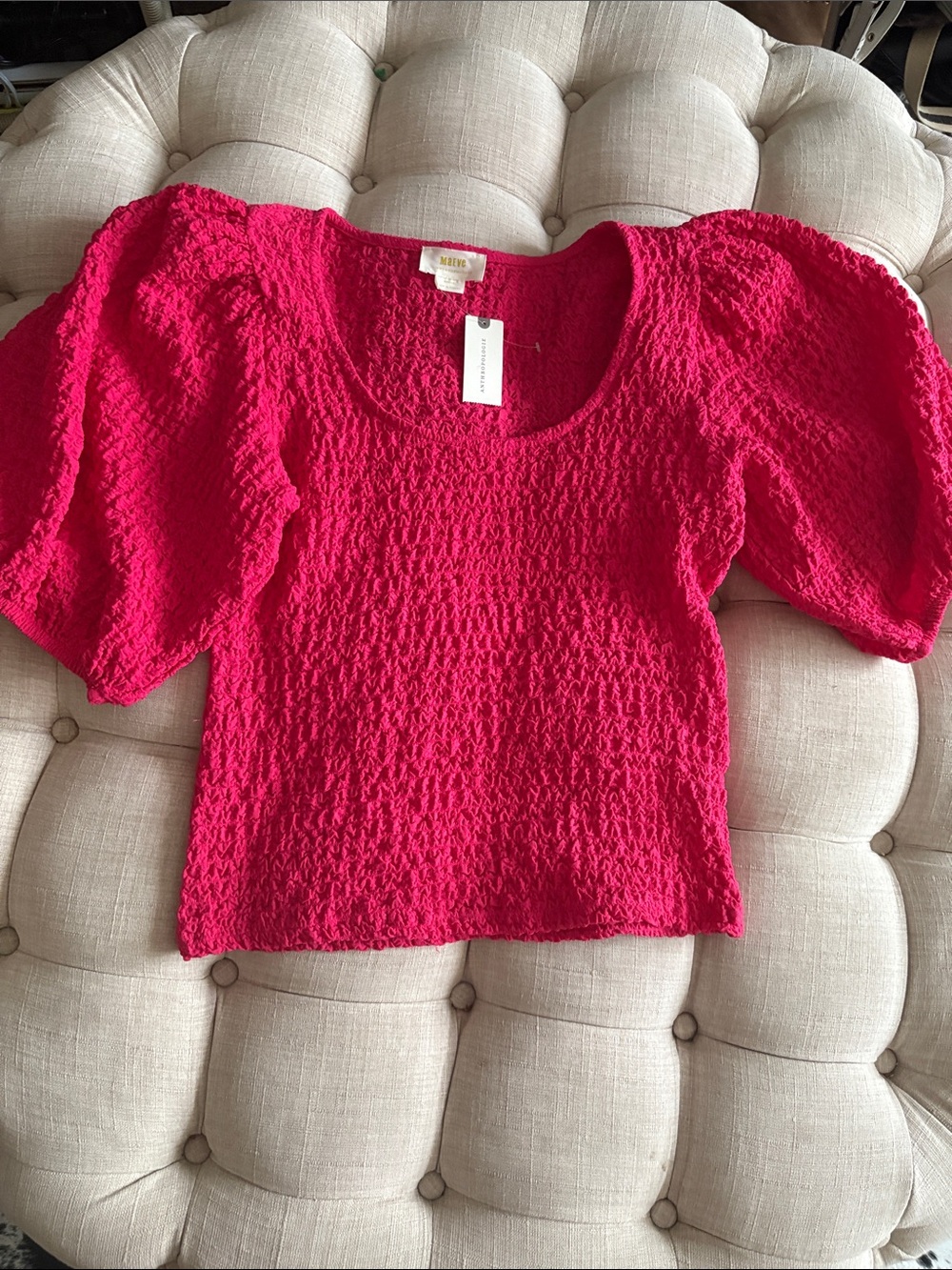 Anthropologie Bright Pink Smocked Puff-Sleeve Top